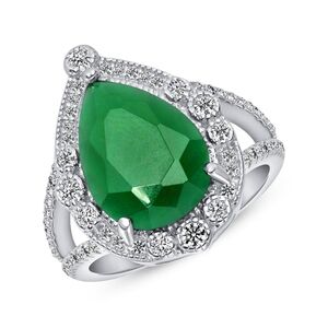 Sterling Silver 925 Rhodium Plated Pear Shape Green Emerald Cubic Zirconia Ring